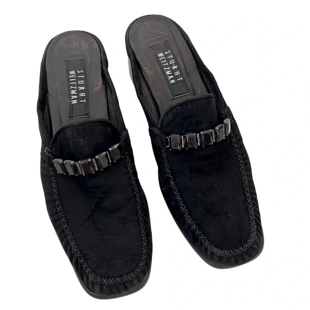 Stuart Weitzman Black Suede Genuine Leather Mules Loafers block heels 8.5 - Picture 3 of 10